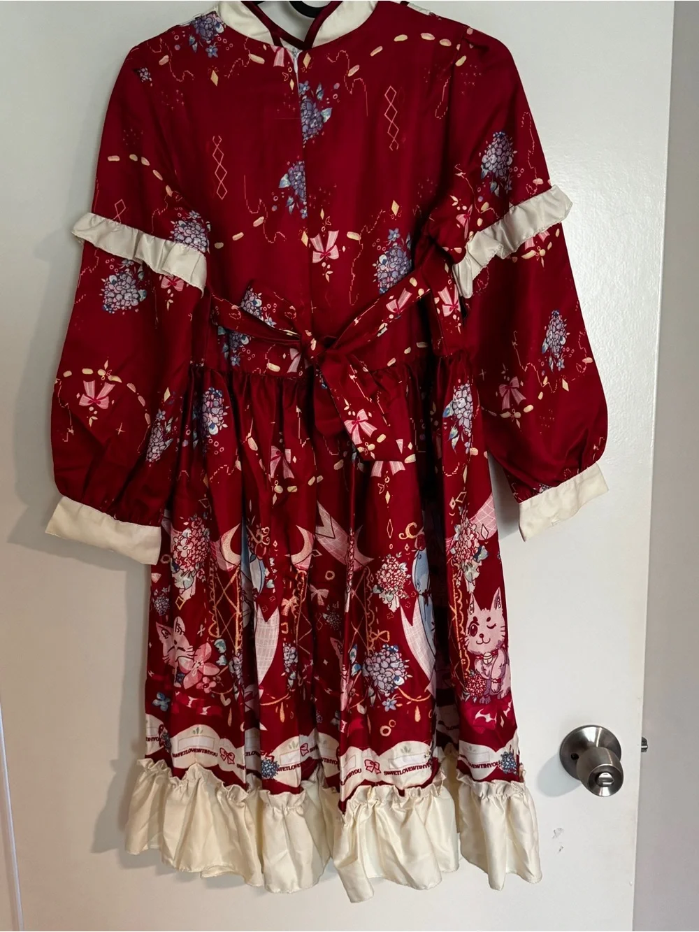 Lolita style, Girls' Red Cream Ruffle Costume Dress with Cat Print